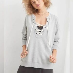 Aerie lace up oversized crew sweatshirt gray long sleeve womens XS lounge gym